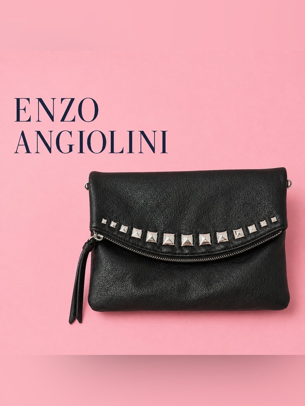 Enzo Angiolini Black Faux Leather Studded Fold-Over Clutch